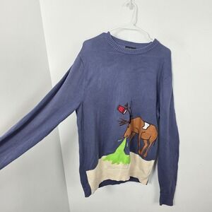 Alex Stevens Blue Multicolor Vomiting Rudolph Reindeer‎ Novelty Sweater Size L